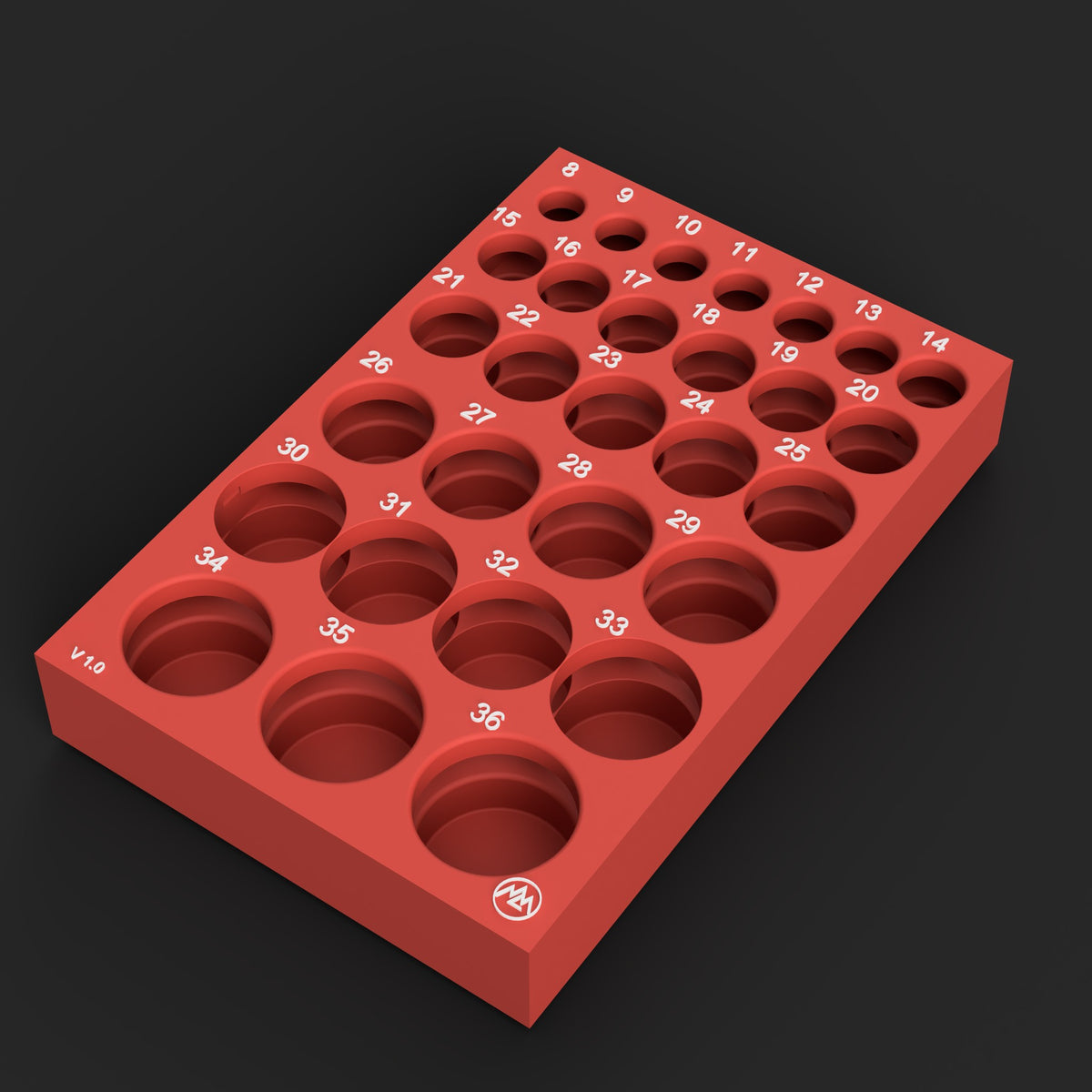 Render of the Milwaukee Packout 1/2 inch Shockwave metric deep impact socket organizer STL file: red organizer base with support lid, 29 labeled pockets 8mm to 36mm, raised white size labels