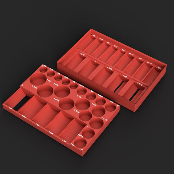 Render of the Milwaukee SHOCKWAVE 1/2" SAE deep and standard two-organizer set STL file, base and top organizers in red
