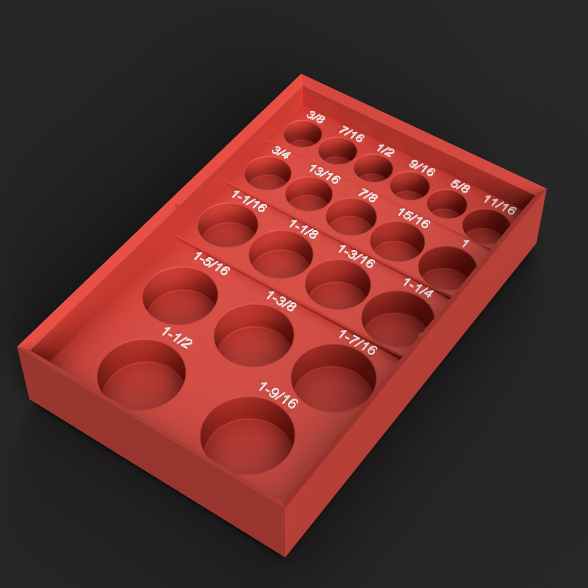 Render of the Milwaukee Packout 1/2 inch Shockwave SAE shallow impact socket organizer STL file: red organizer, 20 labeled pockets 3/8 to 1-9/16 inch on four stepped decks, raised white size labels