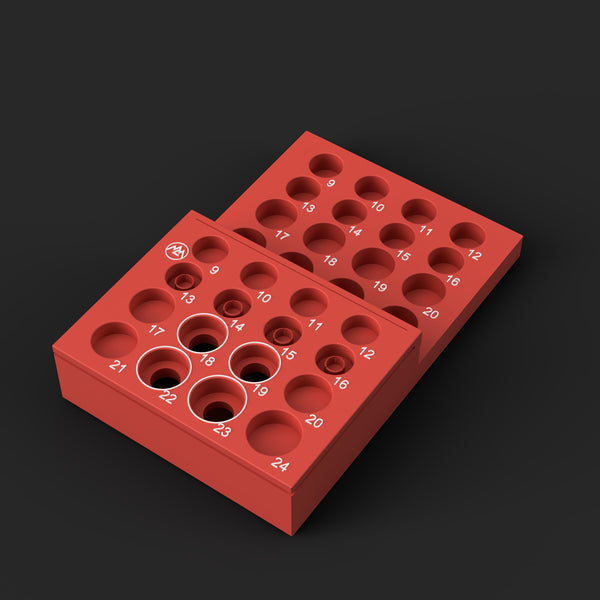 Render of the MIL-013 STL file: red Packout deep organizer with lift-out shallow insert, white size labels 9-24mm
