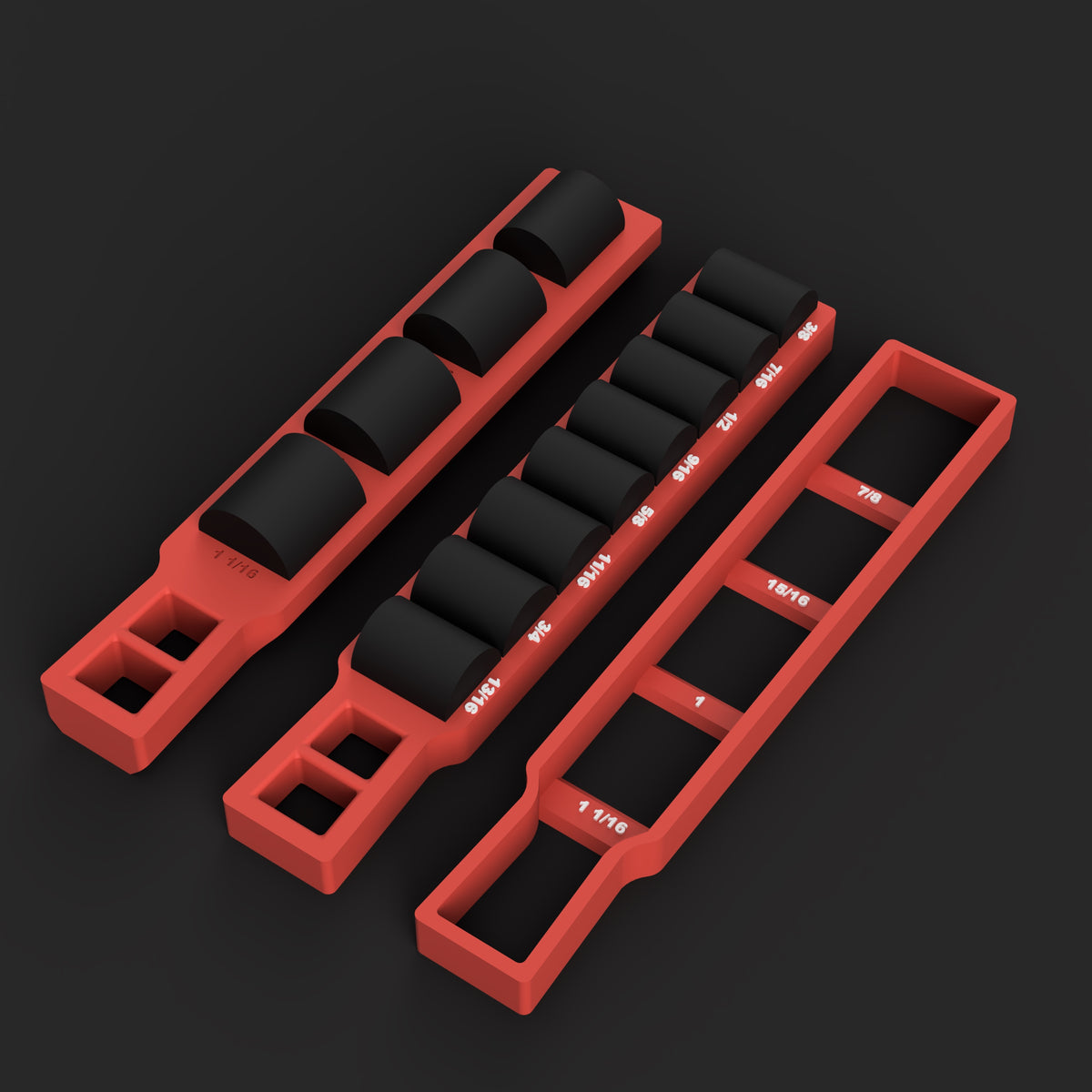 Render of the three red parts of the Milwaukee Packout 48-22-8430 center-slot insert side by side: lower tray with four large 1/2" SAE sockets, upper tray with eight smaller sockets, and the spacer, white size labels