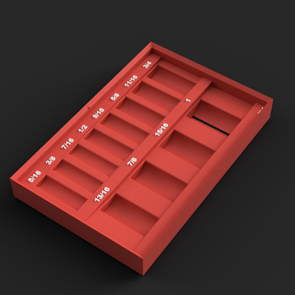 Render of the Milwaukee Packout 3/8" Shockwave SAE deep socket organizer STL for 49-66-7006, red with white raised size labels