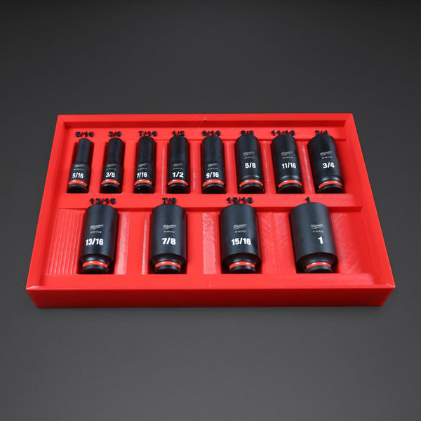 Milwaukee Packout 3/8" Shockwave deep socket organizer insert, red with black labels, holding all 12 sockets of 49-66-7006, 5/16" to 1"