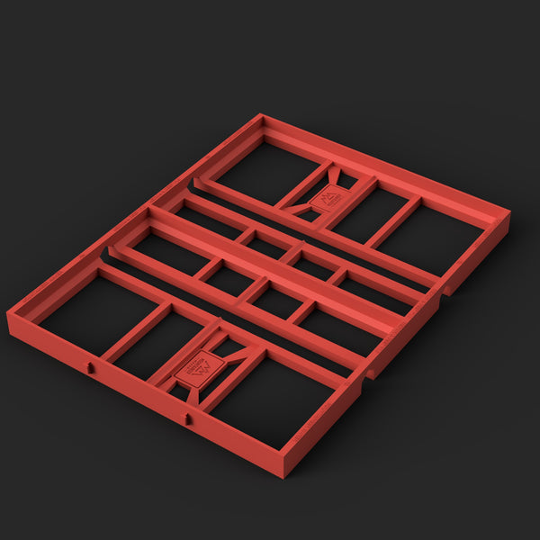 Render of the red two-piece Packout medium and deep drawer adapter STL file, both halves assembled, on charcoal