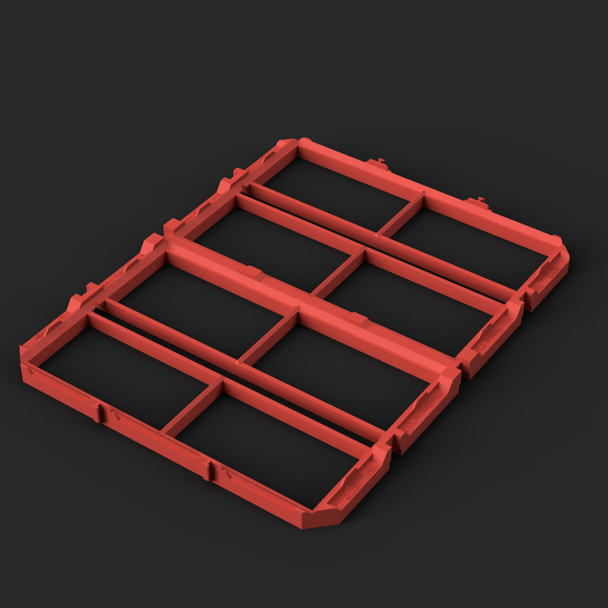 Render of the red Packout shallow drawer adapter STL file, both halves assembled, three-quarter view on charcoal
