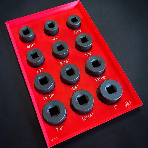 AI Rendering — Milwaukee SHOCKWAVE 3/8" SAE Standard 12-Piece Socket Organizer Tray, 5/16"–1", Red PETG with Black Sockets