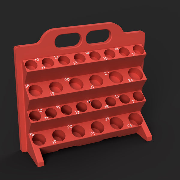 Render of the red Quinn 58680 metric impact organizer file standing upright, 28 labeled pockets in four stepped rows, no sockets
