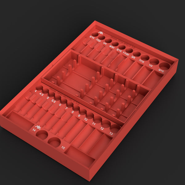 Render of the modular Packout organizer STL file for the Sunex 1848 1/4" SAE and metric impact set: frame, metric tray, SAE tray and storage tray with rack, in red with white labels