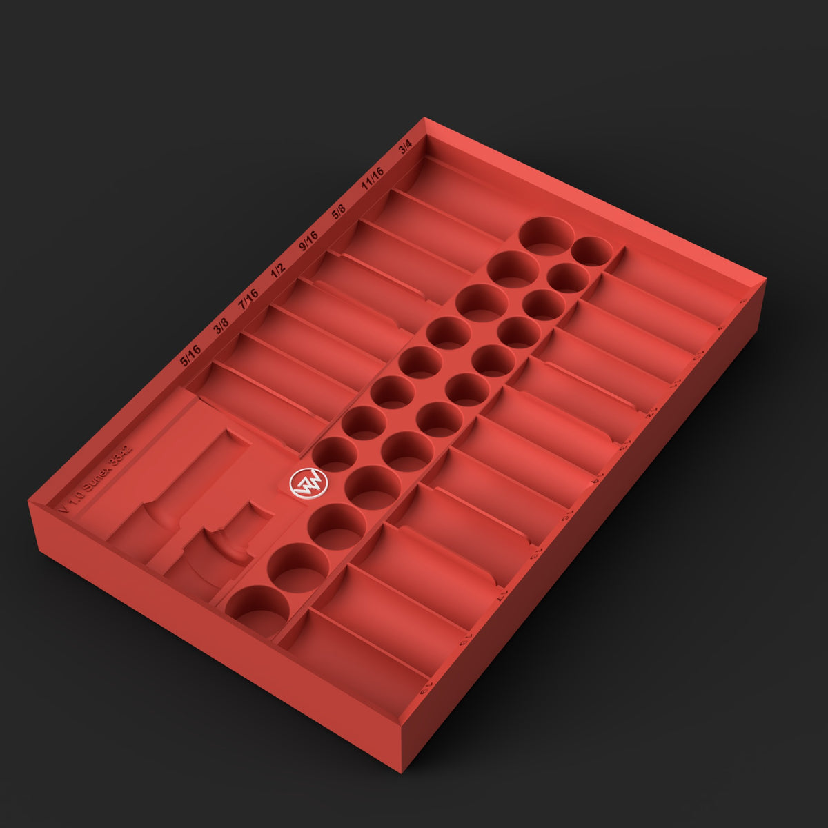 3D render of the Sunex 3342 3/8" SAE and metric impact socket organizer STL file for Milwaukee Packout, red, debossed size labels