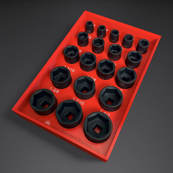 Red 1/2" drive shallow impact socket organizer insert loaded with 19 China-made Sunex 2640 SAE impact sockets, 3/8"-1-1/2", white raised size labels