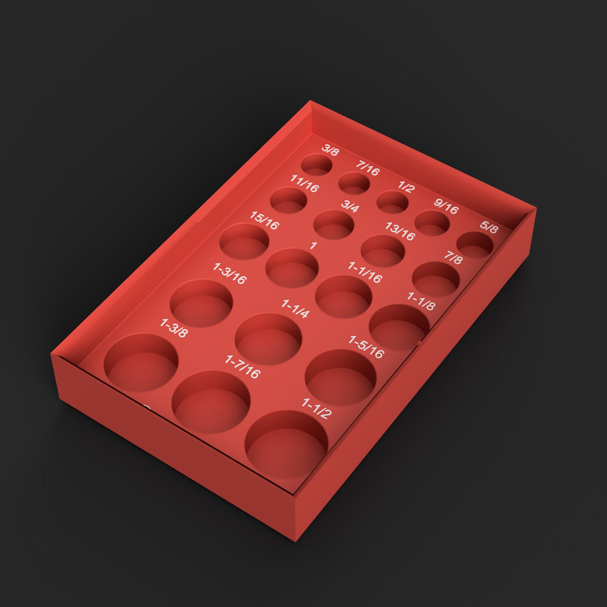 Milwaukee Packout 1/2" Drive Shallow Impact Socket Organizer STL File for Sunex 2640 China-Made 6-Point SAE, 3/8"–1-1/2" (19-Pc): render of the printed organizer from the file