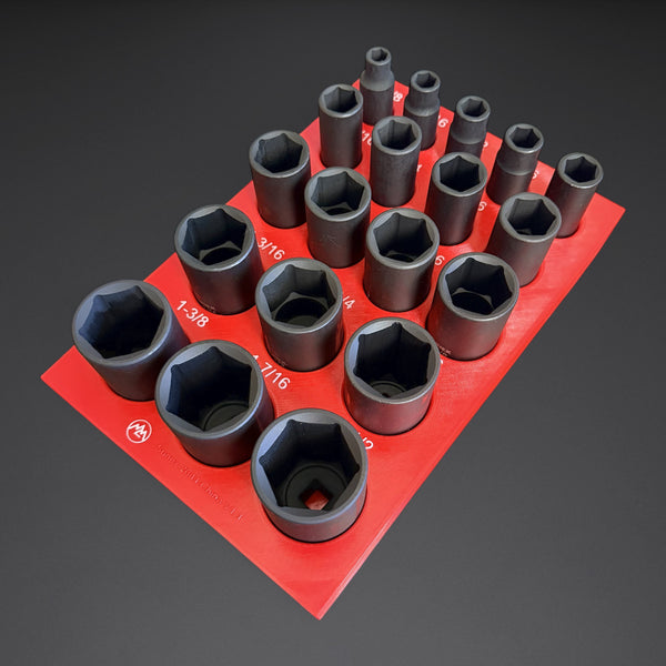 Red 1/2" drive deep impact socket organizer insert loaded with 19 China-made Sunex 2641 SAE deep impact sockets, 3/8"-1-1/2", white raised size labels
