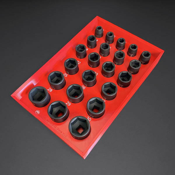 Red 1/2" drive shallow impact socket organizer insert loaded with 22 China-made Sunex metric impact sockets, 9-30mm, white raised size labels