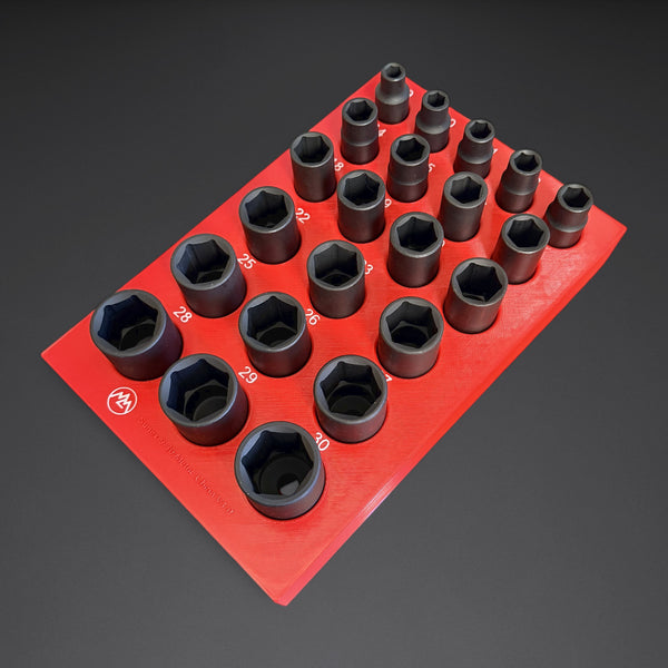 Red 1/2" drive deep impact socket organizer insert loaded with 22 China-made Sunex metric deep impact sockets, 9-30mm, white raised size labels
