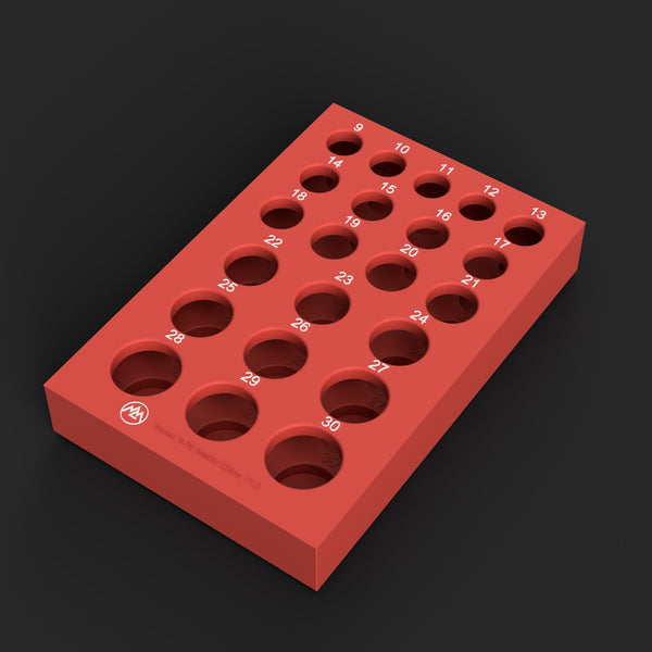 Render of the SUN-006 STL file: red 1/2 inch deep organizer for Sunex China-made metric 9-30mm impact sockets, support lid with white size labels
