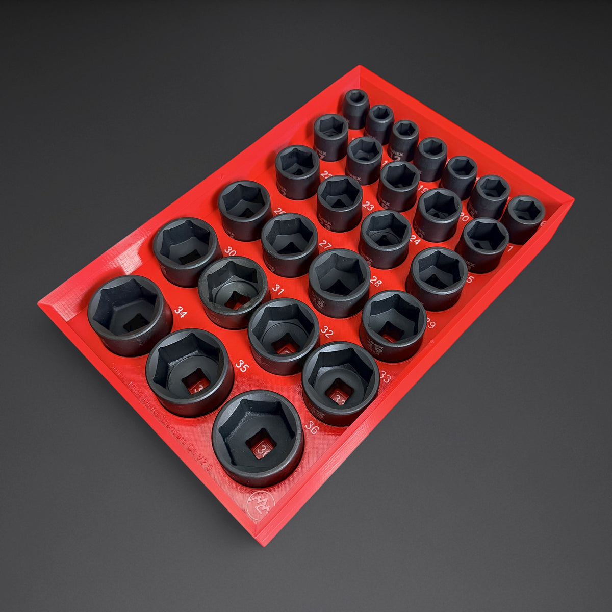 Red Mountaineer Maker organizer loaded with 27 Sunex 1/2 inch drive 6-point metric impact sockets, 10mm to 36mm, white size labels at every pocket