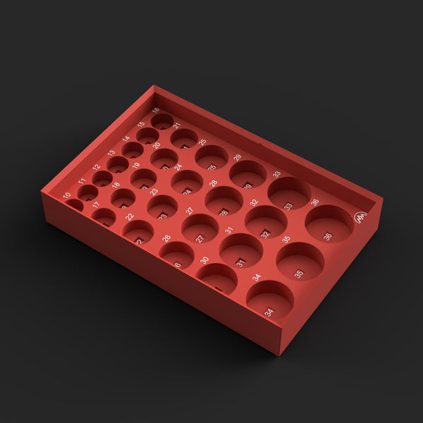 Render of the SUN-007 STL/3MF file: red 1/2 inch shallow organizer for China-made Sunex metric 10-36mm impact sockets, white size labels