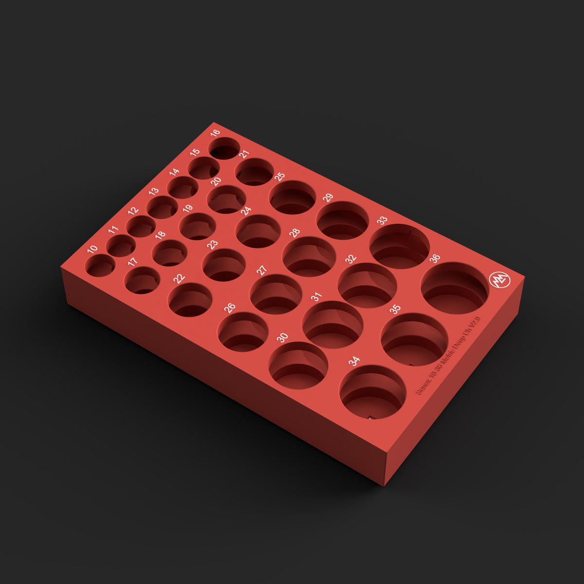 Design render: red 3D printable organizer for China-made Sunex 1/2" metric deep impact sockets, 10-36mm, white size labels on the support lid, no sockets