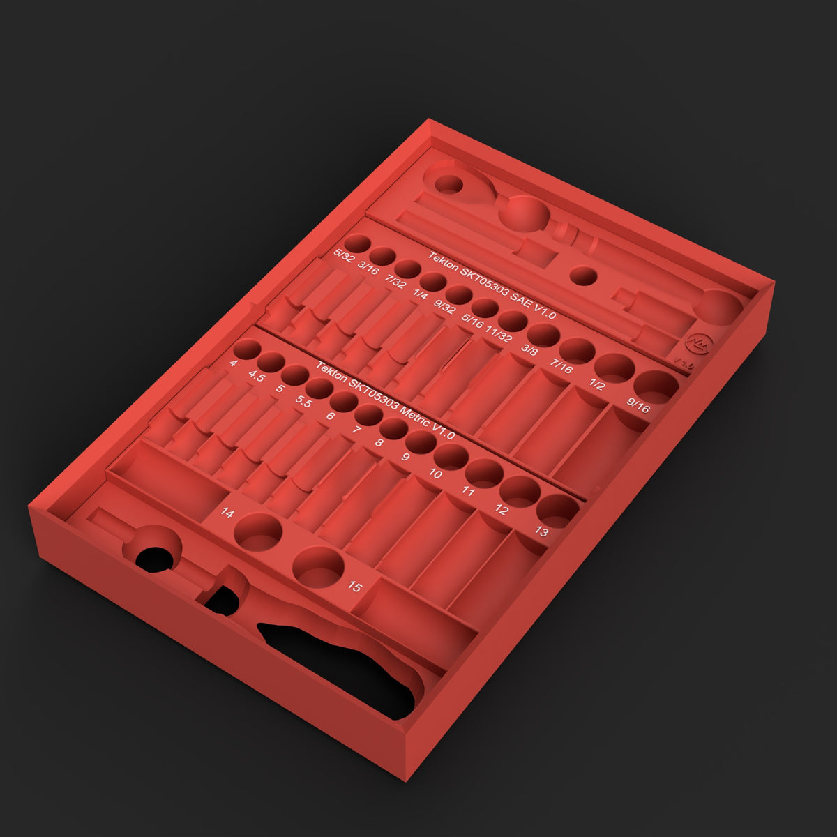 Render of the modular Packout organizer STL file for the Tekton SKT05303 1/4" SAE and metric set: frame with SAE, metric, ratchet and spinner-handle trays, in red with white labels