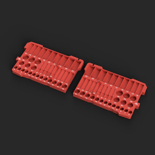 Render of the Tekton SHD91211 3/8" metric socket organizer STL file for Milwaukee Packout 48-22-8431, left- and right-hand versions in red with white size labels