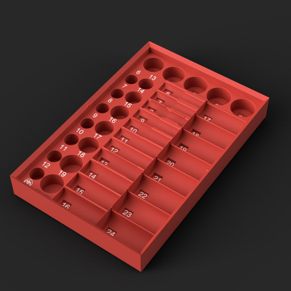 Render of the TEK-006 3D print file: red organizer insert for the Tekton SID91211 3/8" metric impact set, labeled pockets and lay-flat troughs, digital file only