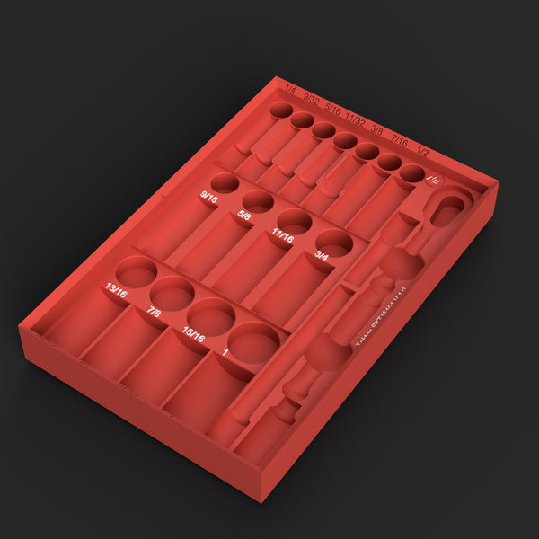 Render of the TEK-010 3D print file: black organizer insert for the Tekton SKT15101 3/8" SAE 6-point set, labeled pockets, lay-flat troughs and tool pockets, digital file only
