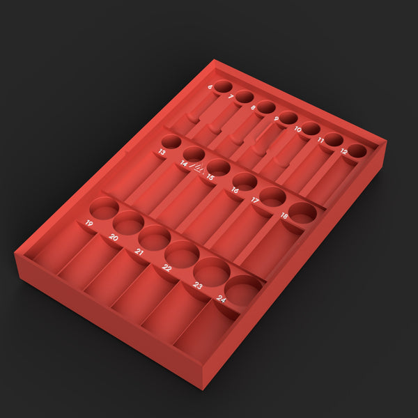Render of the TEK-011 3D print file: red organizer insert for the Tekton SHD91211 3/8" metric 6-point set, labeled pockets and lay-flat troughs, digital file only