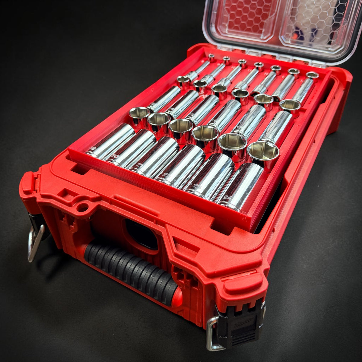 Tekton SKT15311 storage set in a Milwaukee Packout 48-22-8435, metric organizer loaded with Tekton sockets