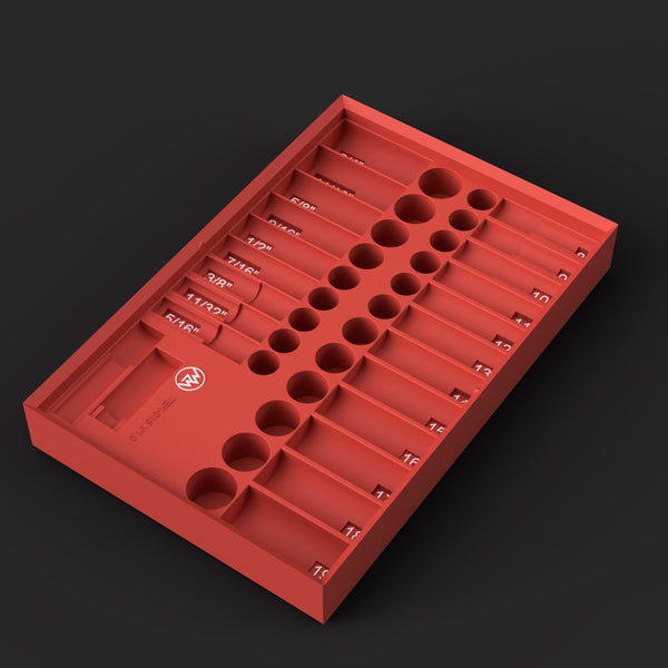 Design render: Milwaukee Packout 3/8" drive socket organizer insert for Tekton SKT15301, red with white size labels, 42 sockets 5/16"–3/4" and 8–19mm shallow and deep, plus 3" extension and universal joint